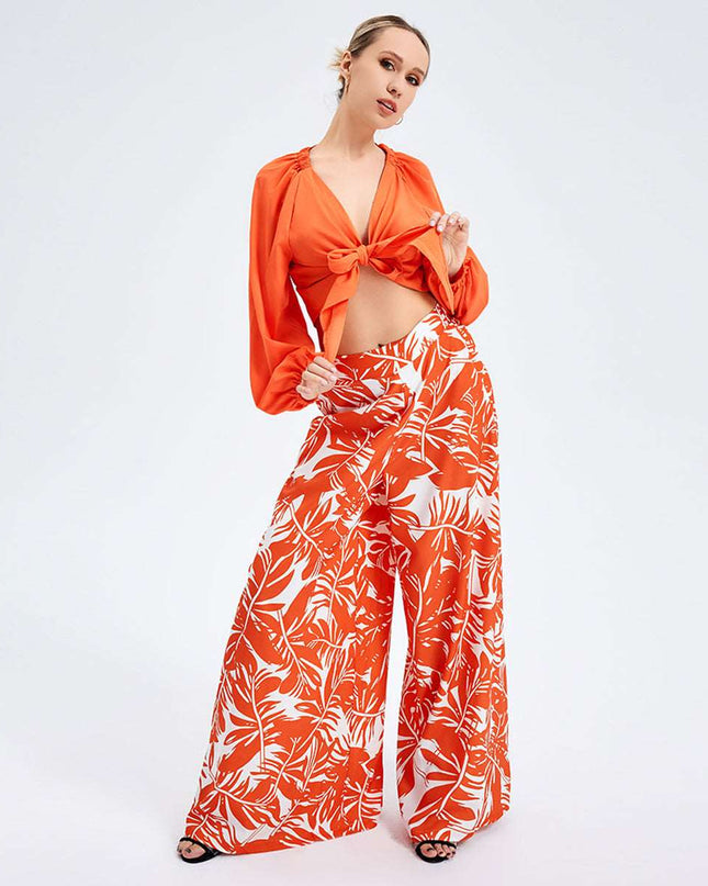 New Women's Temperament Print Pants V -neck Long Sleeve Two -piece Suit - Here 4 you