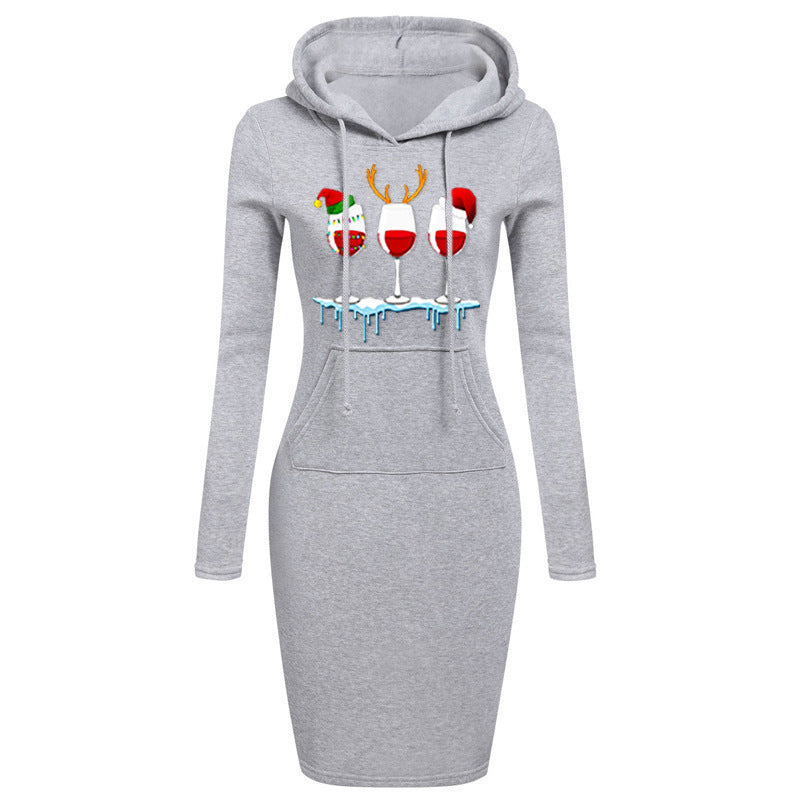 Christmas New Printed Hooded Long-sleeved Dress