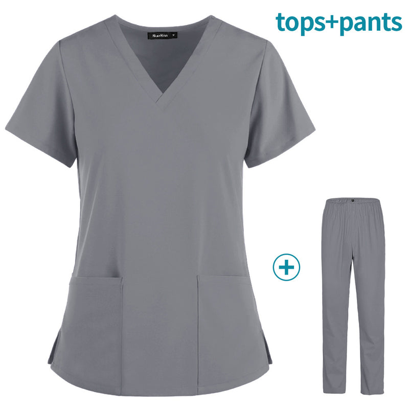 Uniforme de enfermeira slim stretch, manga curta, macacão dividido de verão