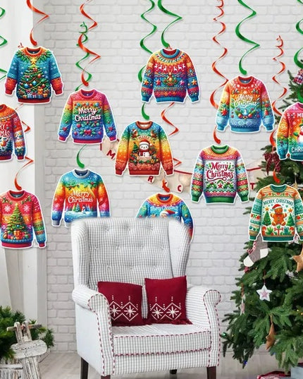 12 Pcs Merry Christmas Sweater Swirl Pendants Hanging Xmas Tree Snowman Paper Sweater Ornaments Santa Claus Gingerbread Man Pattern Spiral Ceiling Pendant For Xmas Birthday Party Decor Supplies
