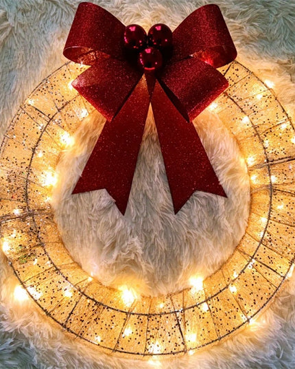Christmas Wreath 50CM LED Warm Light Metal Big Bowknot Christmas Front Door Home Holiday Decor