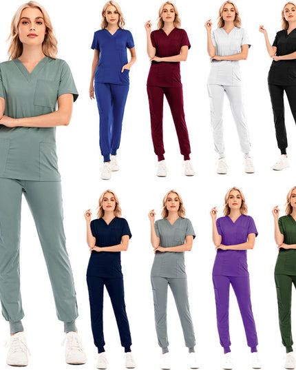 Solid Color V-neck Short-sleeved Pocket Nurse Suit - Here 4 you