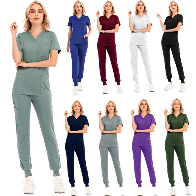 Solid Color V-neck Short-sleeved Pocket Nurse Suit - Here 4 you