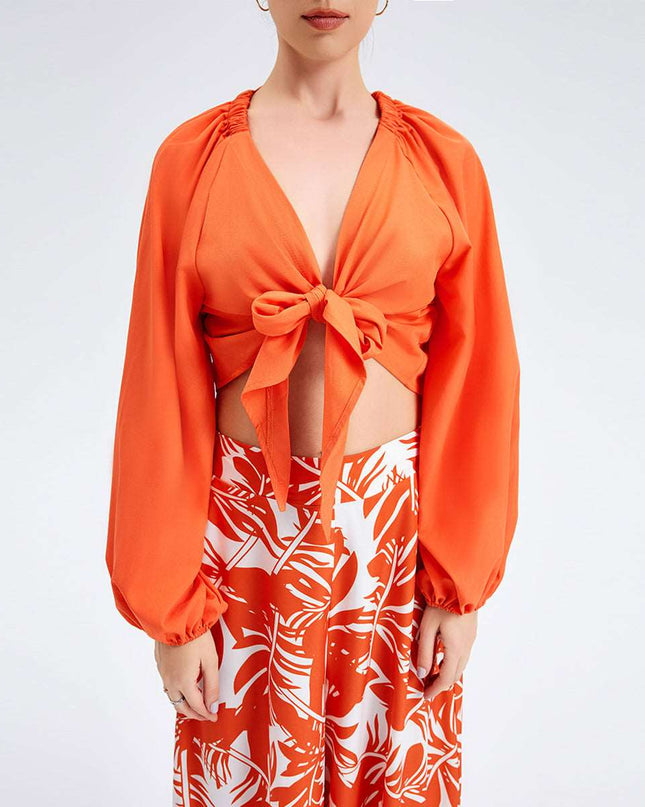 New Women's Temperament Print Pants V -neck Long Sleeve Two -piece Suit - Here 4 you