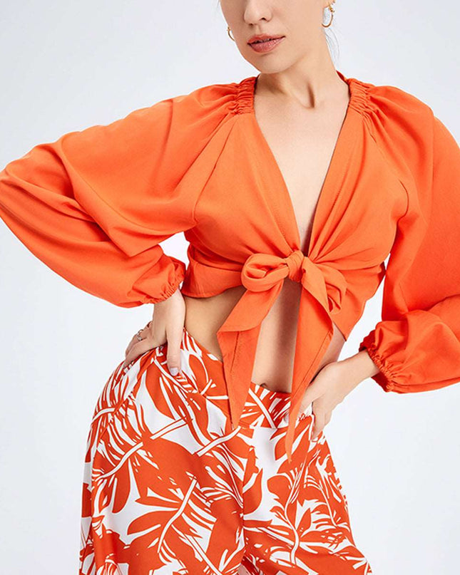 New Women's Temperament Print Pants V -neck Long Sleeve Two -piece Suit - Here 4 you