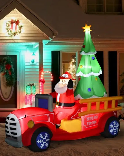 HOMCOM 7.5ft Christmas Inflatable Santa Claus Driving A Fire Truck With Tree, Outdoor Blow-Up Yard Decoration With LED Lights Display