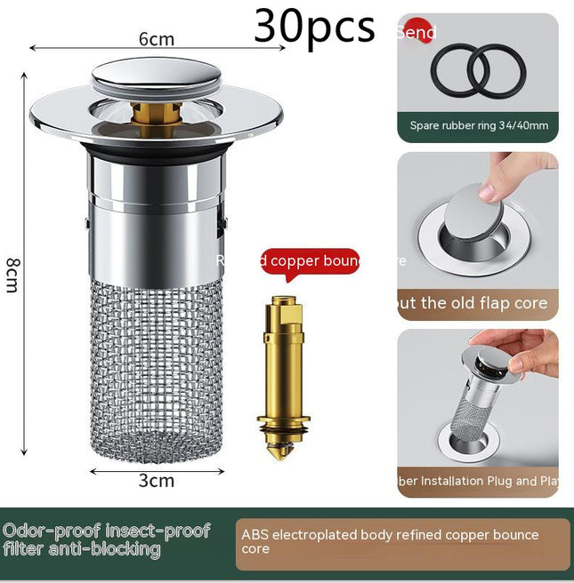 Wash Basin Bounce Core Drainer Push-type Wash Basin Leaking Plug Deodorant Anti-blocking New Filter Net