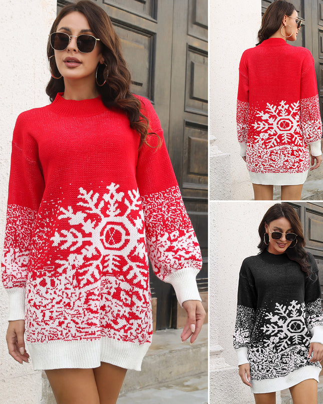 Christmas Snowflake Sweater Dress Loose Pullover Knitted Dresses Fall Winter Women's Clothing