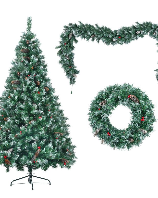 6 Feet Dark Green Pine Christmas Tree, Pre-Installed Lighting Set With Tree, Garland & Garland, Hinged Artificial Christmas Tree,