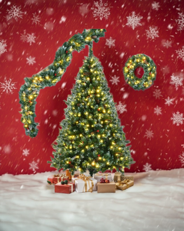 6 Feet Dark Green Pine Christmas Tree, Pre-Installed Lighting Set With Tree, Garland & Garland, Hinged Artificial Christmas Tree,
